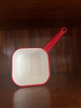 Vintage Enamelware Sauce Pan Square Shaped White with Red Trim One Quart